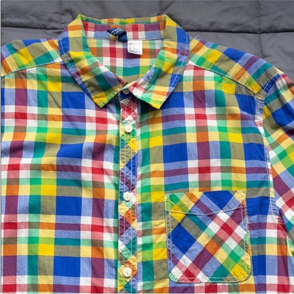 H&M mens button down shirt plaid medium green blue yellow bright summer spring